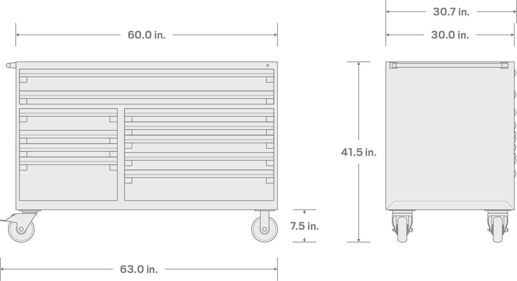 Specs for 11-Drawer 40/60 Split Bank Tool Cabinet, Red (60 W x 30 D x 41.5 H in.)