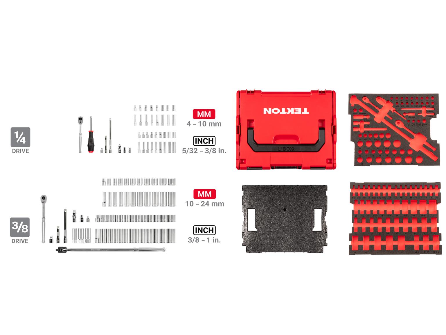 TEKTON OLB91301-T 1/4, 3/8 Inch Drive 6-Point Socket Set, 105-Piece (5/32 - 1 in., 4 - 24 mm) and Lid Insert in Stacking Tool Box