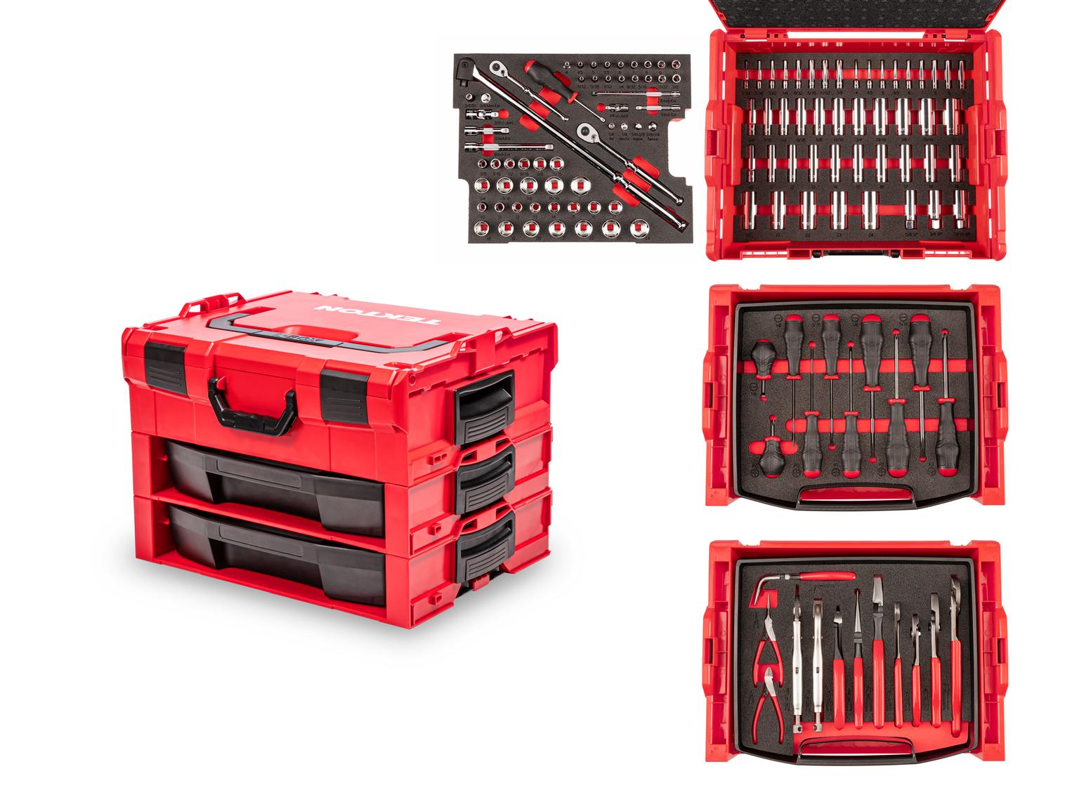 1/4, 3/8 Inch Drive 6-Point Socket and Ratchet, Screwdriver, and Pliers Set in Modular Stacking Tool Box, 2-Drawer (127-Piece)