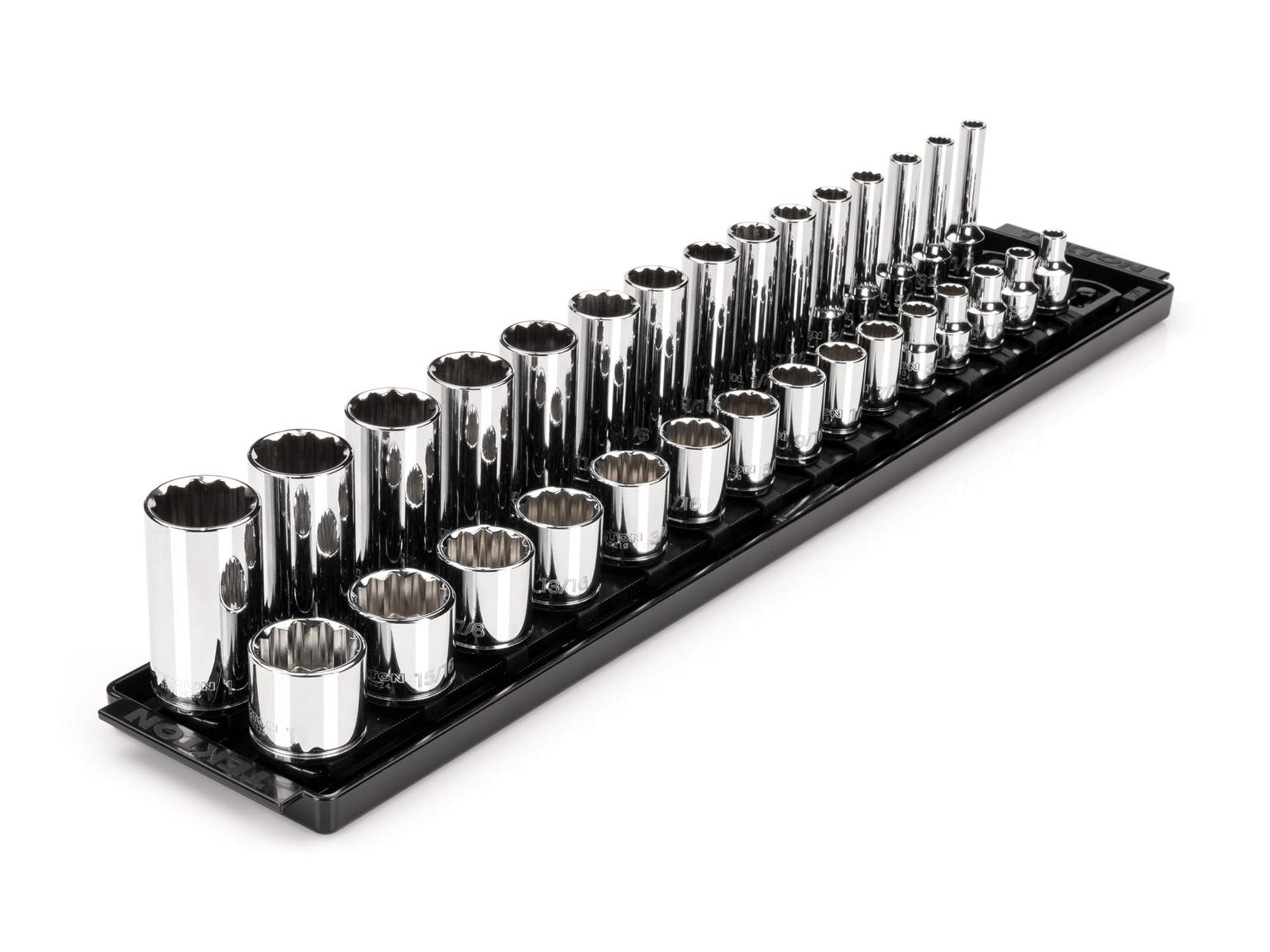3/8 Inch Drive 12-Point Socket Set with Rails and Tray (30-Piece)
