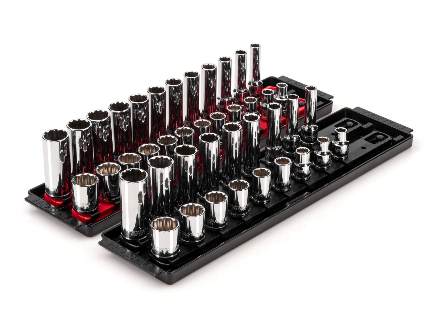 3/8 Inch Drive 12-Point Socket Set with Rails and Trays (42-Piece)