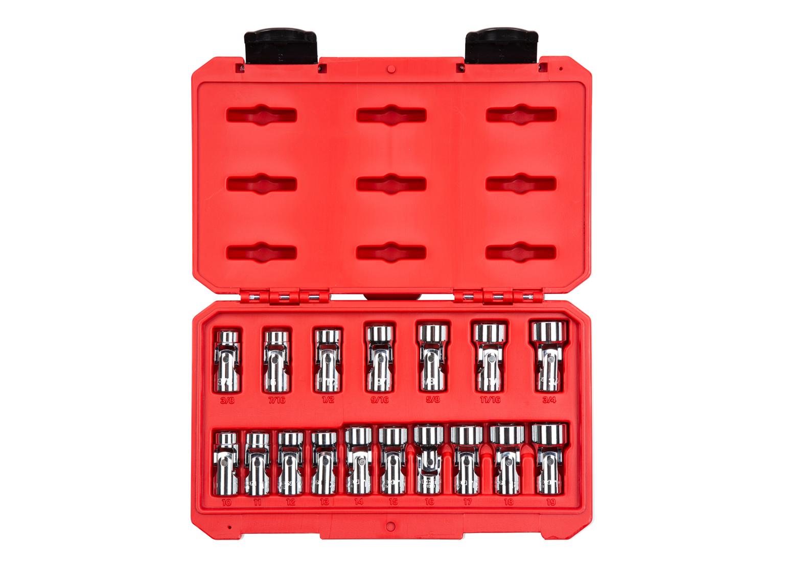 3/8 Inch Drive 6-Point Universal Joint Socket Set with Case (17-Piece)