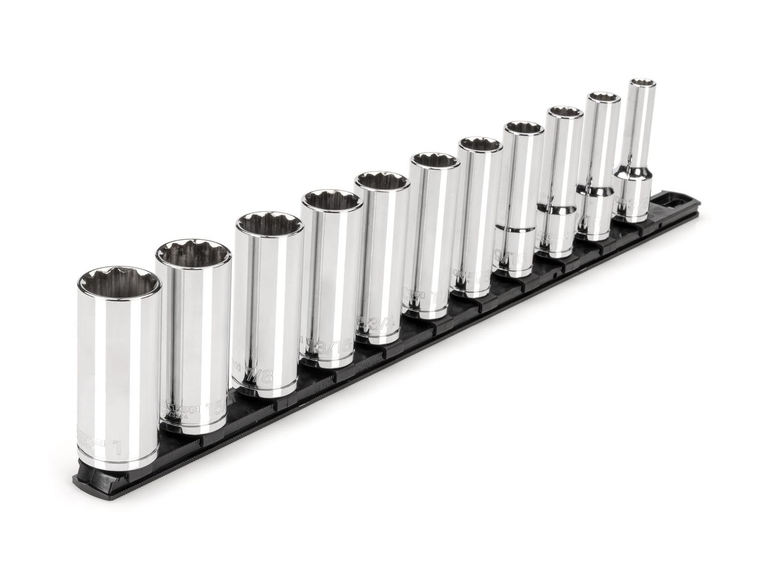 1/2 Inch Drive Deep 12-Point Socket Set with Rail, 11-Piece (3/8-1 in.)