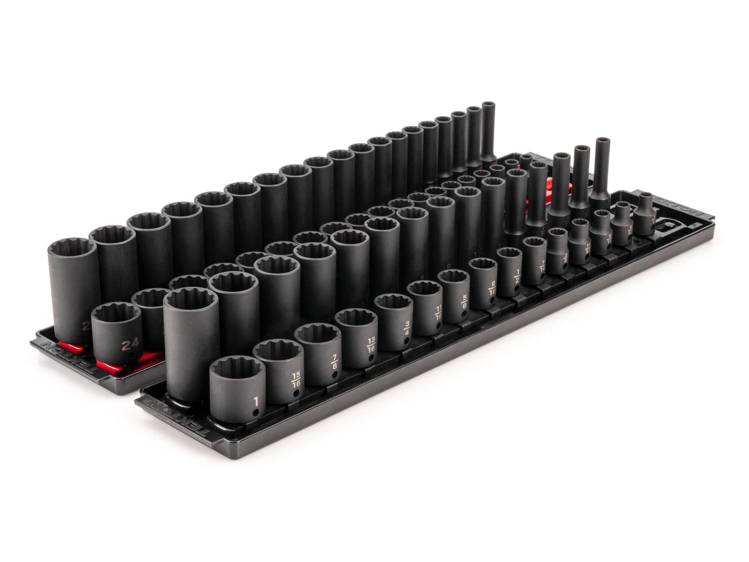 3/8 Inch Drive 12-Point Impact Socket Set with Rails and Trays (68-Piece)