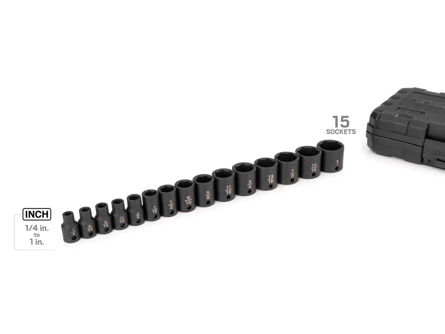 TEKTON SID91300-D 3/8 Inch Drive 6-Point Impact Socket Set with Case, 15-Piece (1/4-1 in.)