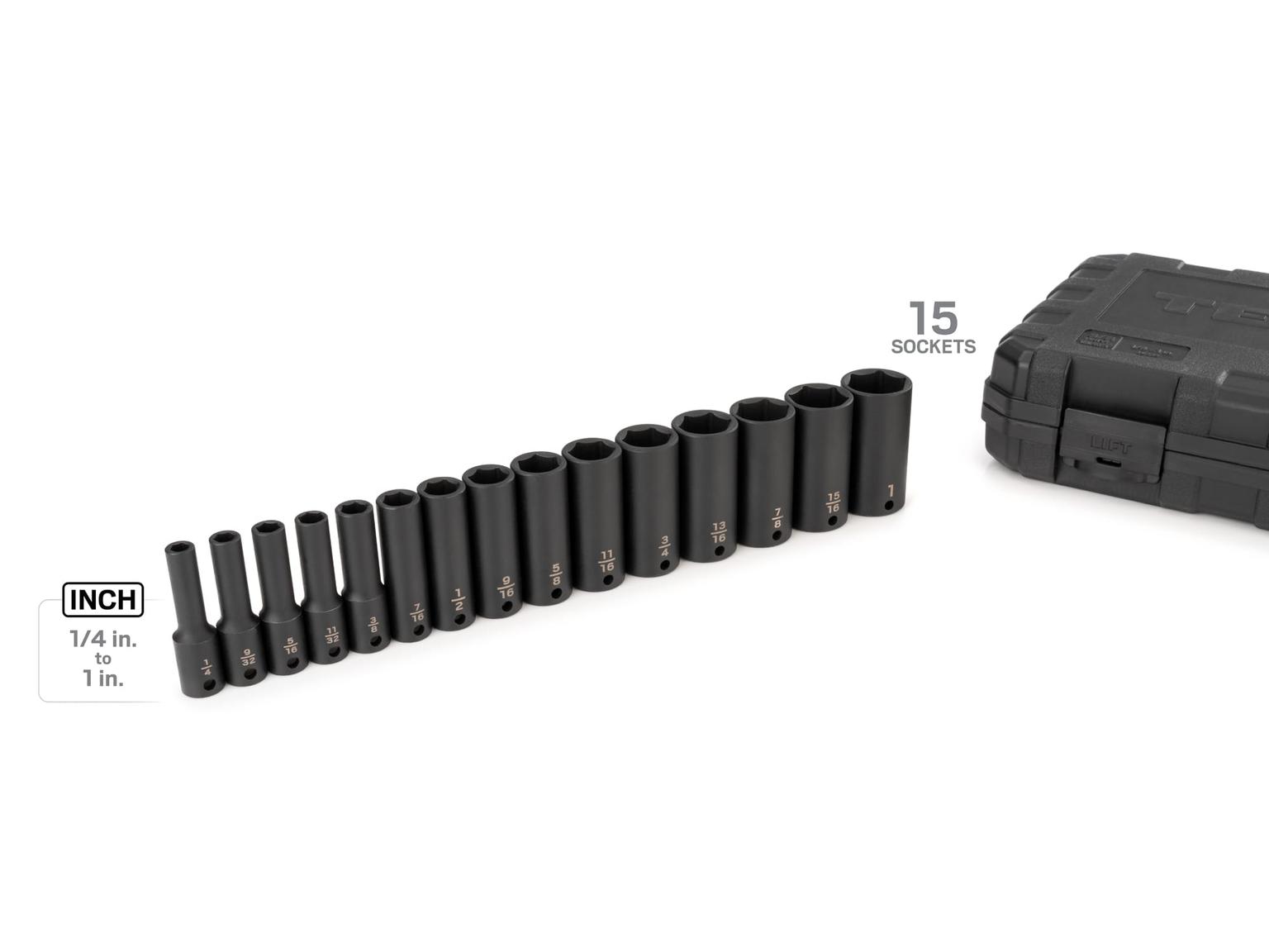 TEKTON SID91301-D 3/8 Inch Drive Deep 6-Point Impact Socket Set with Case, 15-Piece (1/4-1 in.)