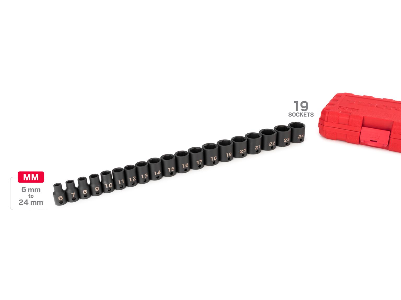 TEKTON SID91302-D 3/8 Inch Drive 6-Point Impact Socket Set with Case, 19-Piece (6-24 mm)