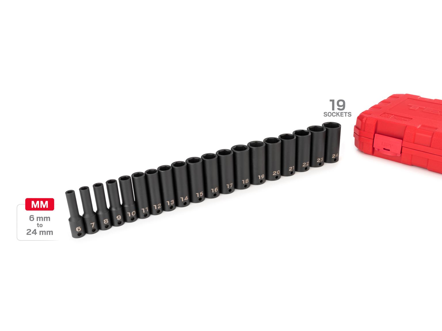 TEKTON SID91303-D 3/8 Inch Drive Deep 6-Point Impact Socket Set with Case, 19-Piece (6-24 mm)