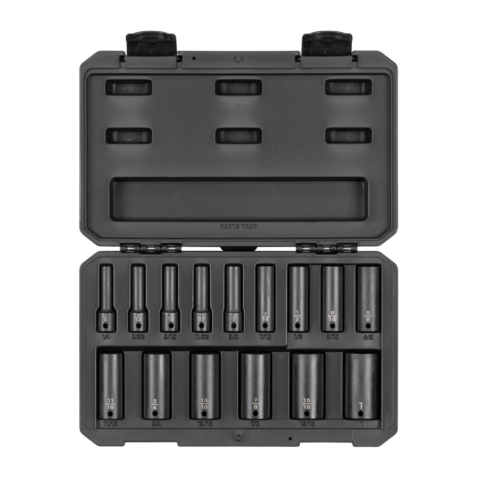 3/8 Inch Drive Deep 12-Point Impact Socket Set with Case (15-Piece)