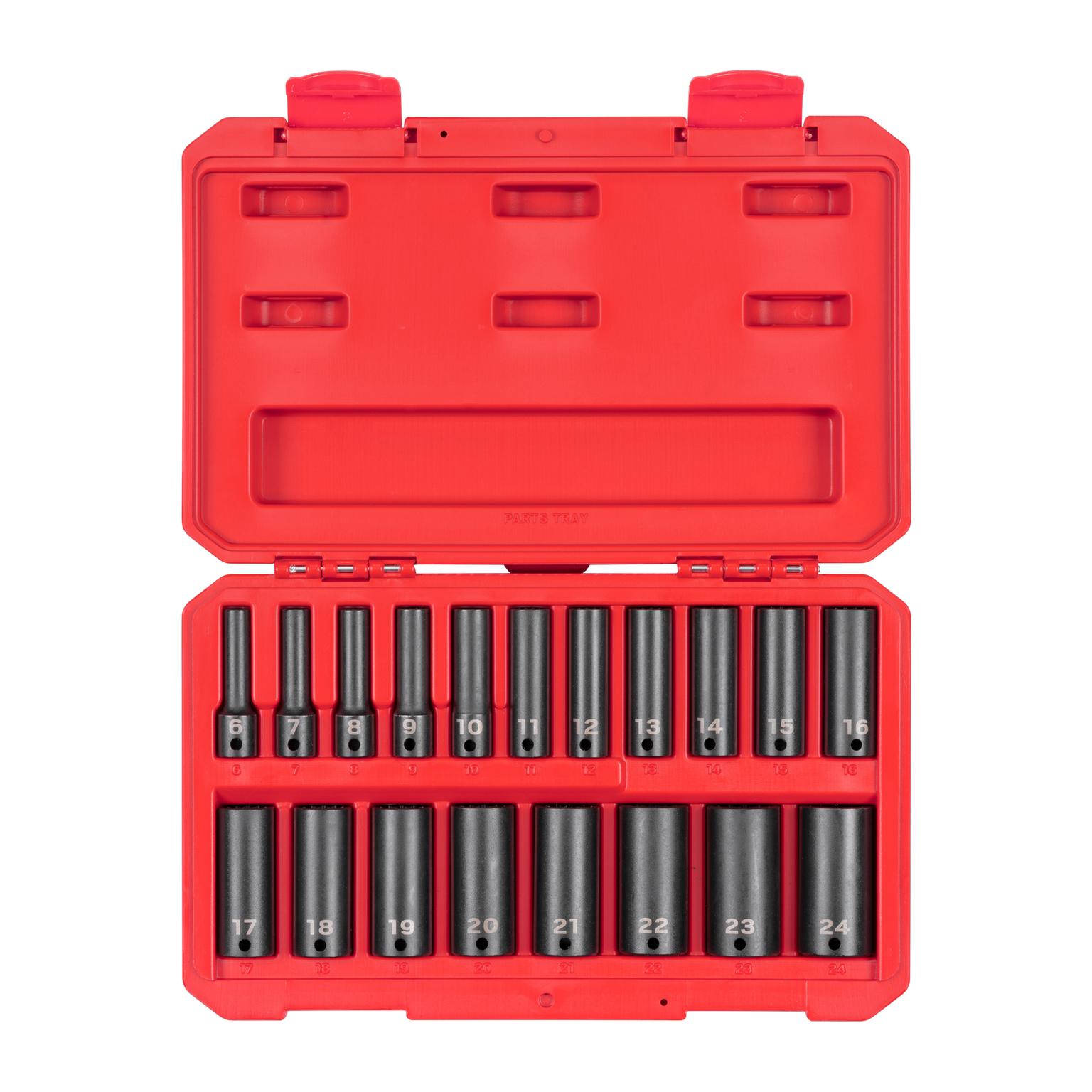 3/8 Inch Drive Deep 12-Point Impact Socket Set with Case (19-Piece)