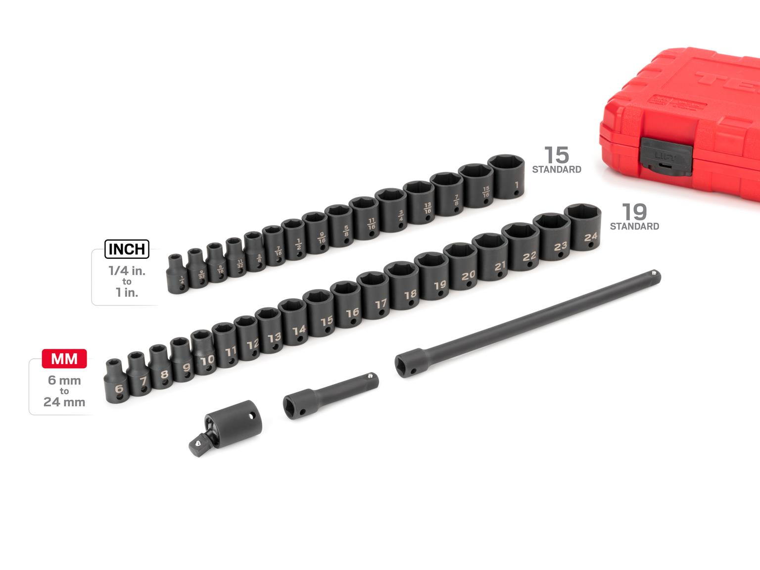 TEKTON SID91402-D 3/8 Inch Drive 6-Point Impact Socket Set, 37-Piece (1/4-1 in., 6-24 mm)