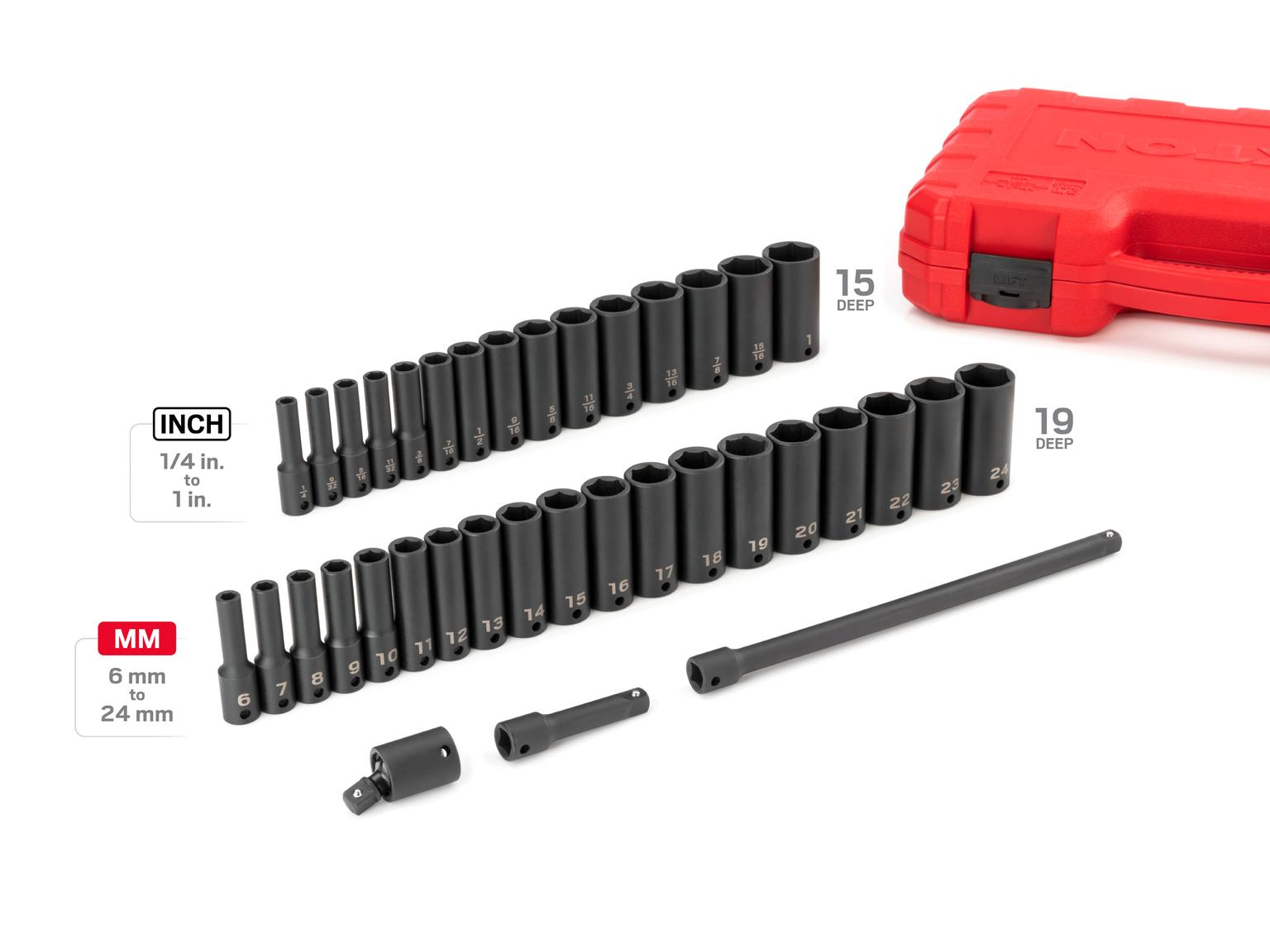 TEKTON SID91403-D 3/8 Inch Drive Deep 6-Point Impact Socket Set, 37-Piece (1/4-1 in., 6-24 mm)
