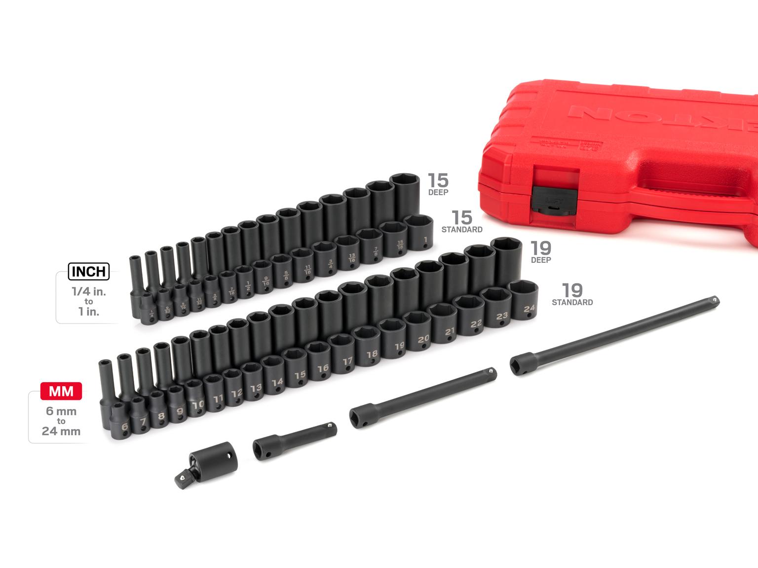TEKTON SID91404-D 3/8 Inch Drive 6-Point Impact Socket Set, 72-Piece (1/4-1 in., 6-24 mm)