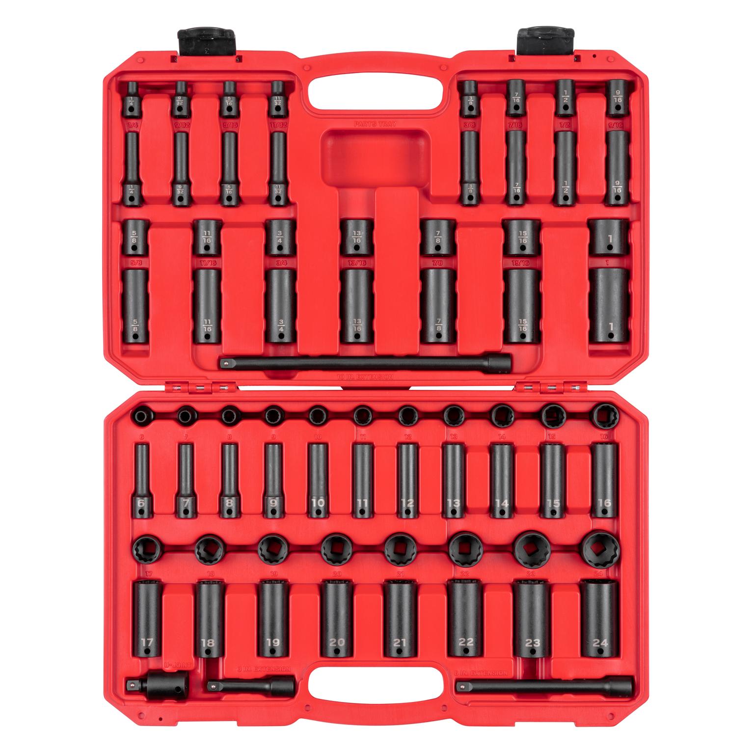 3/8 Inch Drive 12-Point Impact Socket Set with Case (72-Piece)