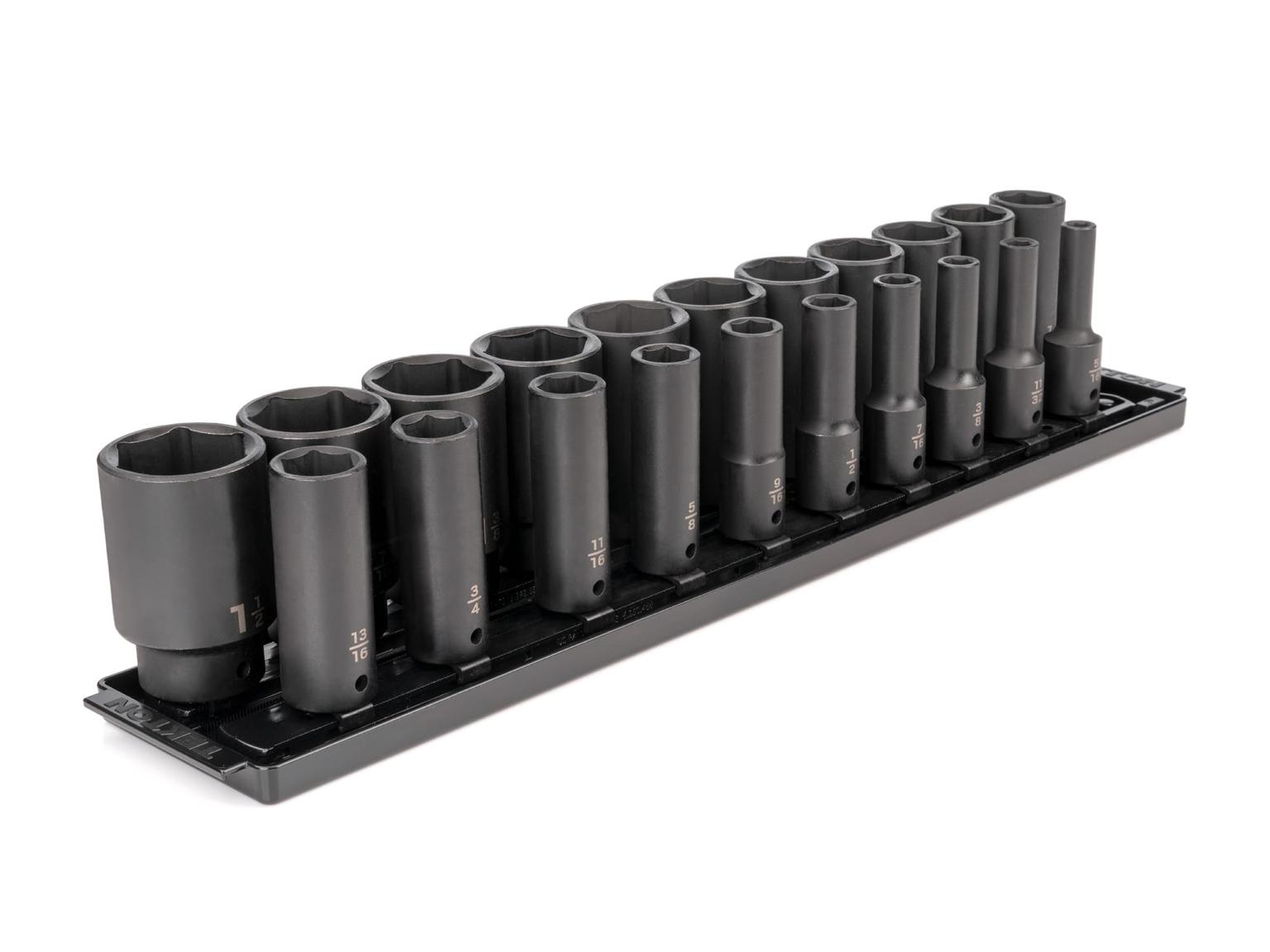 1/2 Inch Drive Deep 6-Point Impact Socket Set with Rails and Tray, 21-Piece (5/16-1-1/2 in.)
