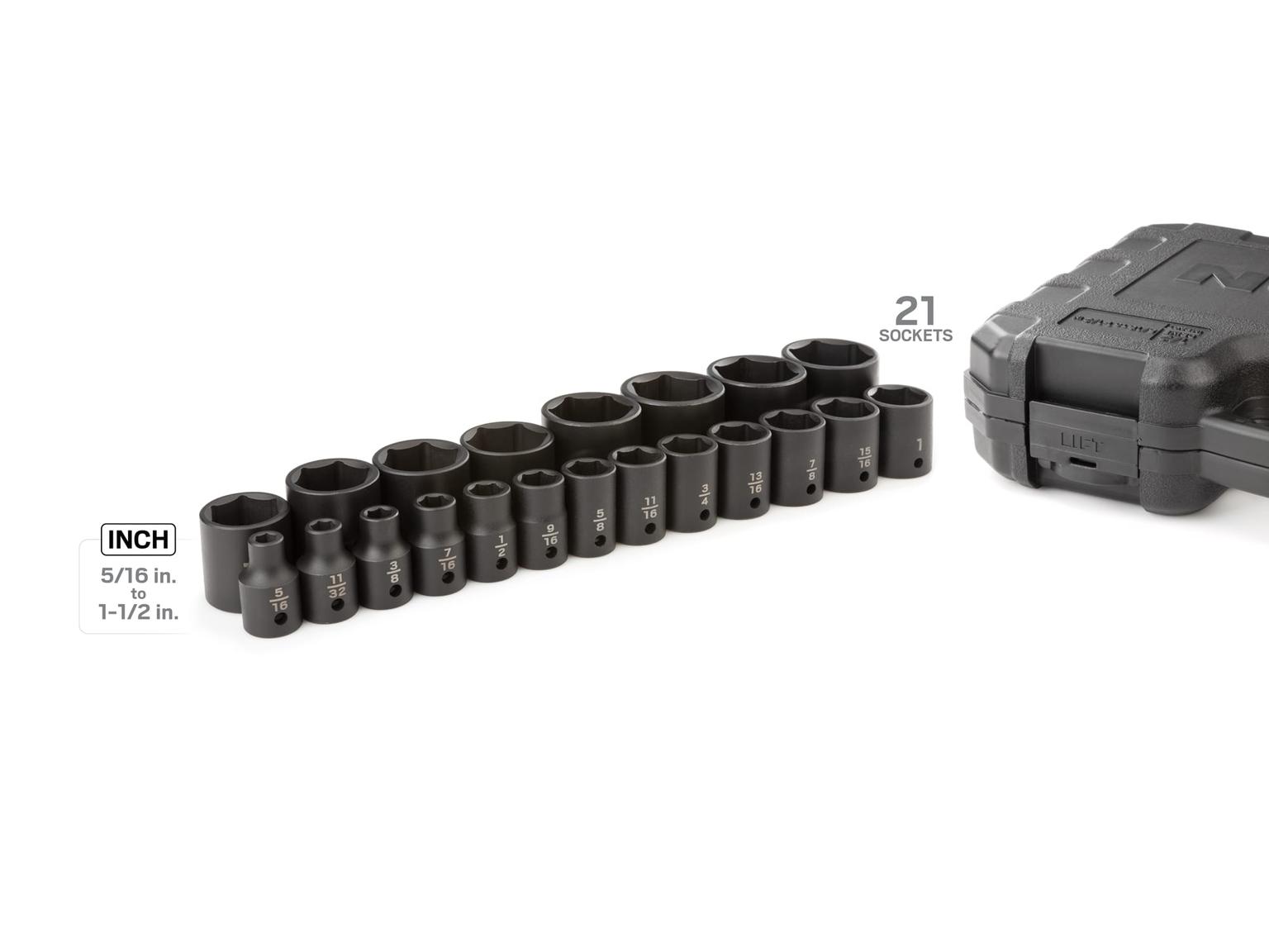 TEKTON SID92302-D 1/2 Inch Drive 6-Point Impact Socket Set, 21-Piece (5/16 - 1-1/2 in.)