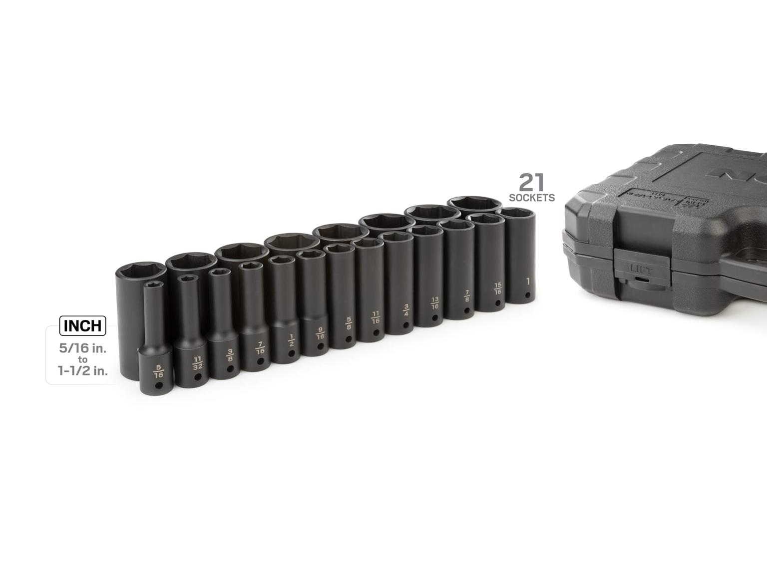 TEKTON SID92306-D 1/2 Inch Drive Deep 6-Point Impact Socket Set, 21-Piece (5/16 - 1-1/2 in.)