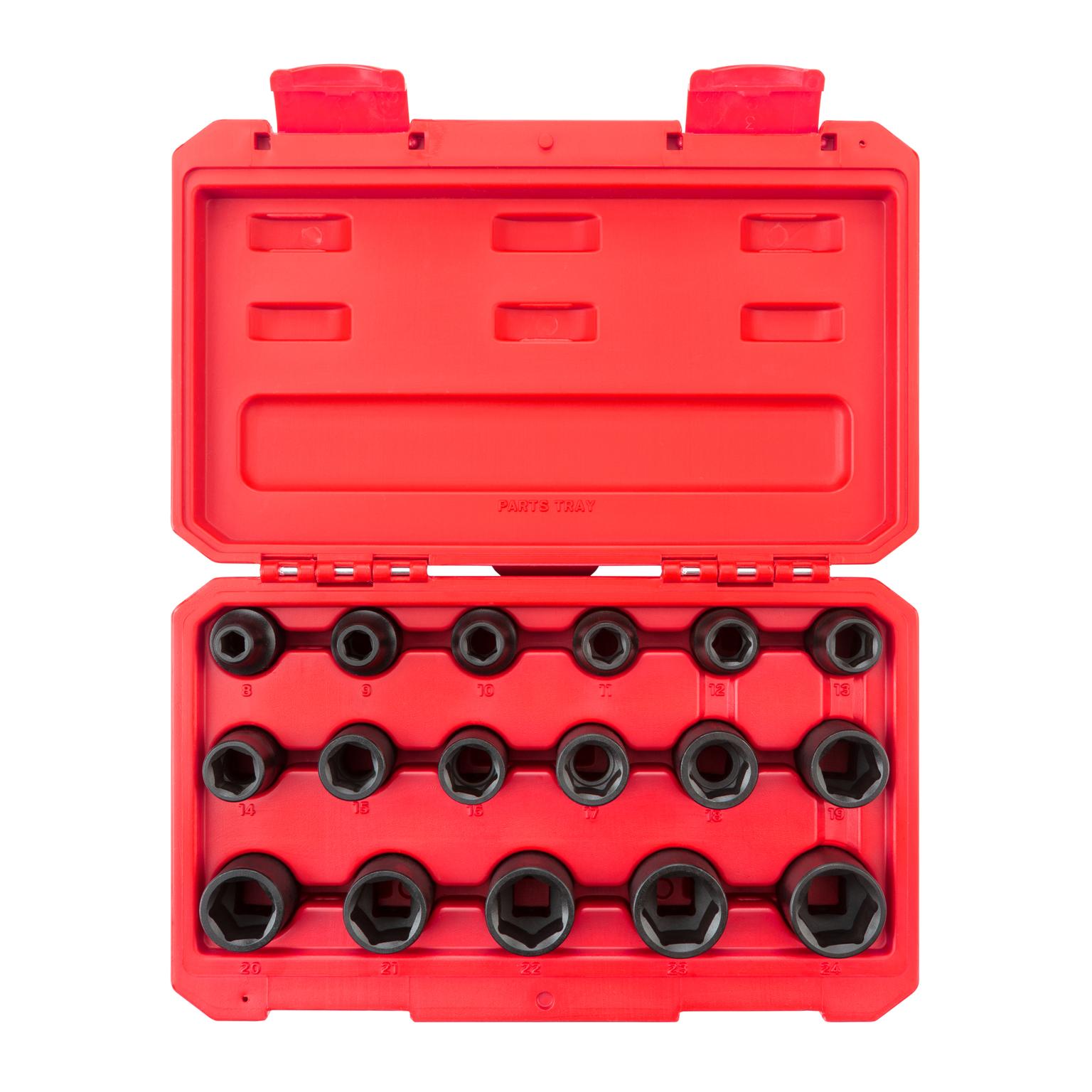 1/2 Inch Drive 6-Point Impact Socket Set with Case (17-Piece)