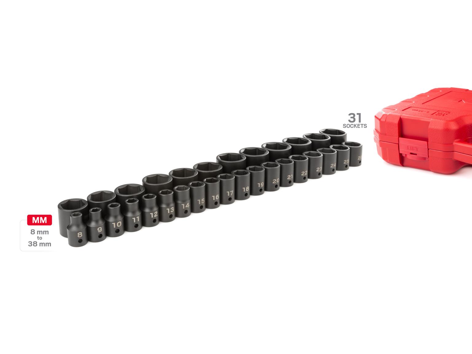 TEKTON SID92327-D 1/2 Inch Drive 6-Point Impact Socket Set, 31-Piece (8-38 mm)