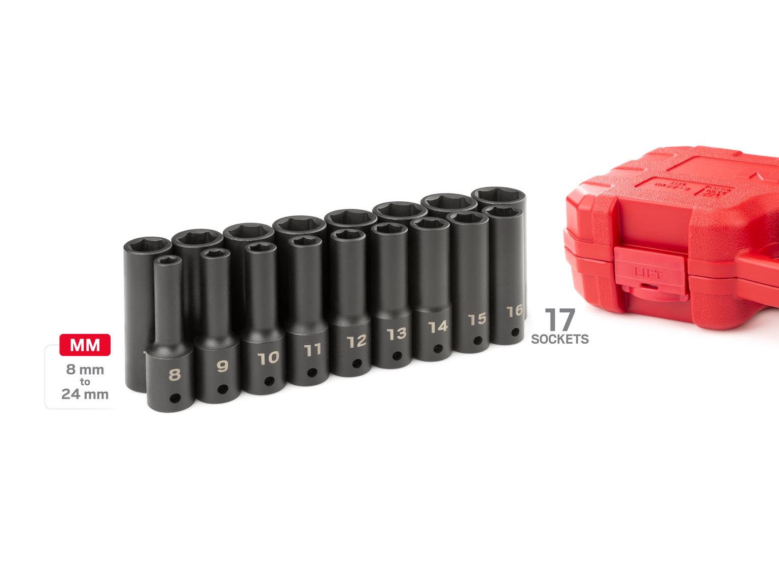 TEKTON SID92329-D 1/2 Inch Drive Deep 6-Point Impact Socket Set, 17-Piece (8-24 mm)