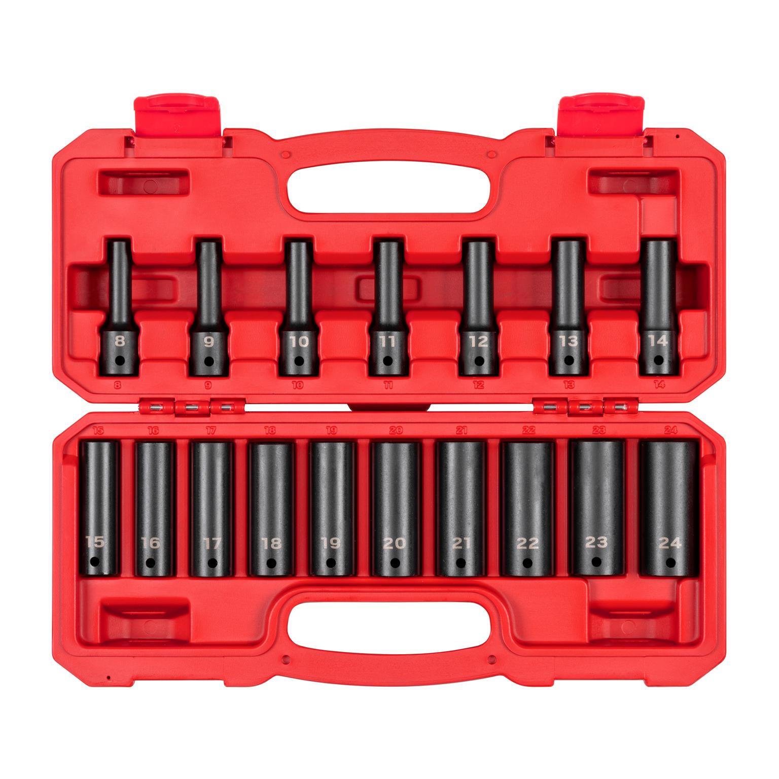 1/2 Inch Drive Deep 12-Point Impact Socket Set with Case (17-Piece)