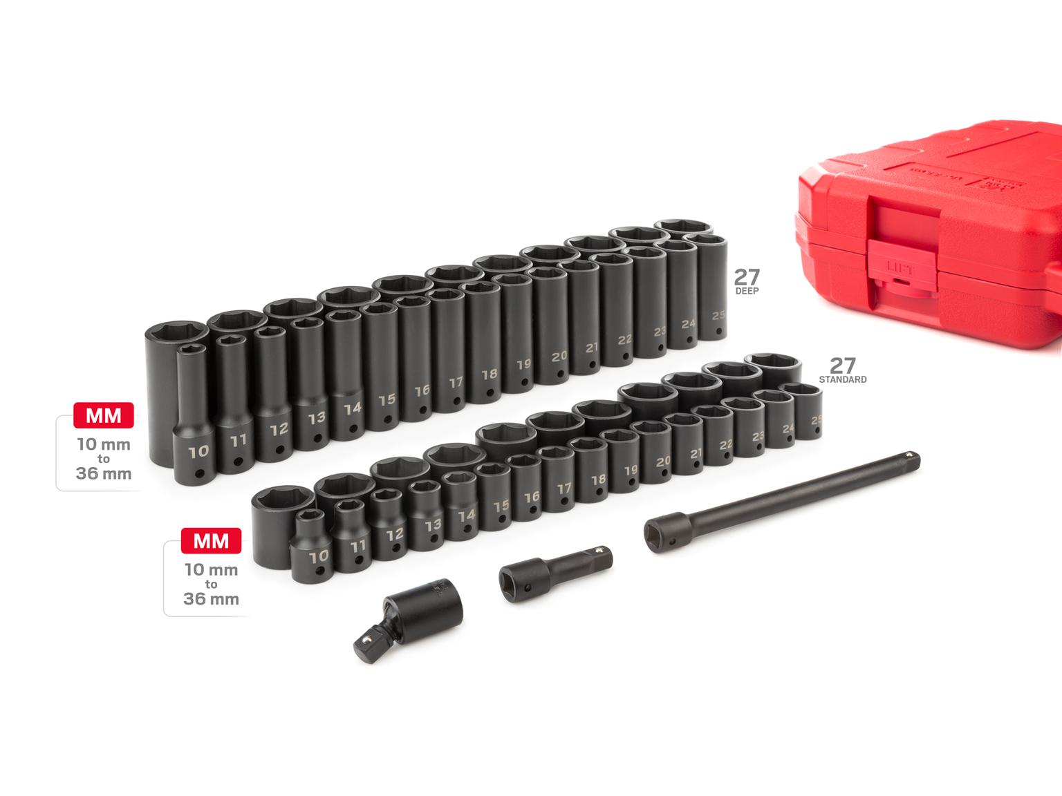 TEKTON SID92401-D 1/2 Inch Drive 6-Point Impact Socket Set, 57-Piece (10-36 mm)