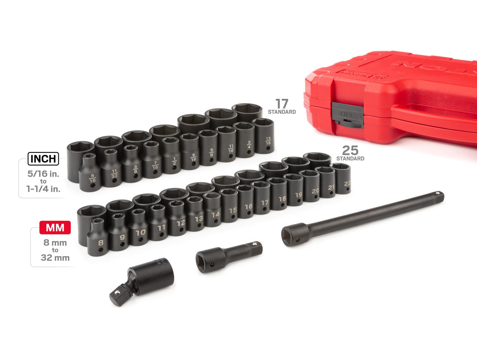TEKTON SID92403-D 1/2 Inch Drive 6-Point Impact Socket Set, 45-Piece (5/16 - 1-1/4 in., 8-32 mm)