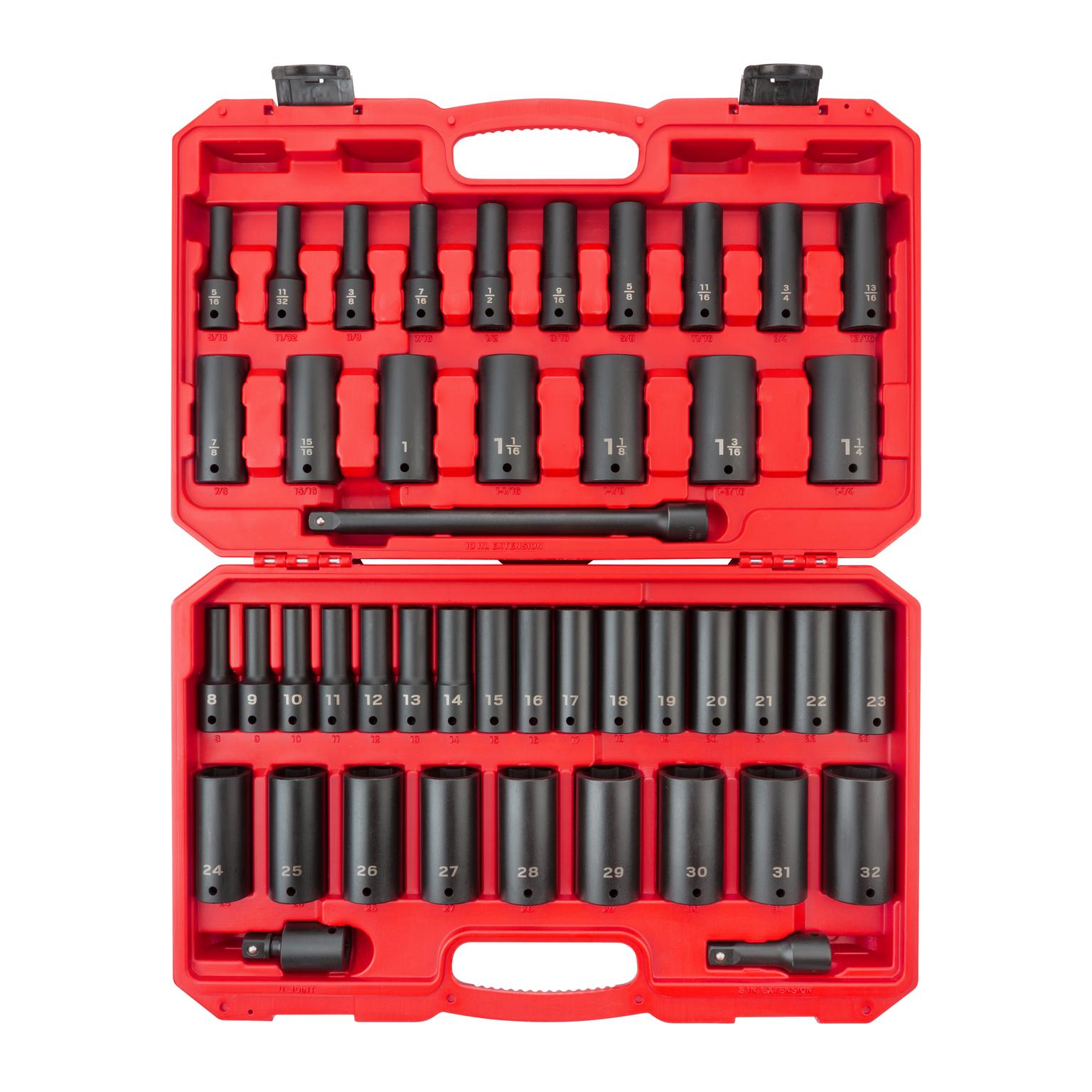 1/2 Inch Drive Deep 6-Point Impact Socket Set with Case (45-Piece)