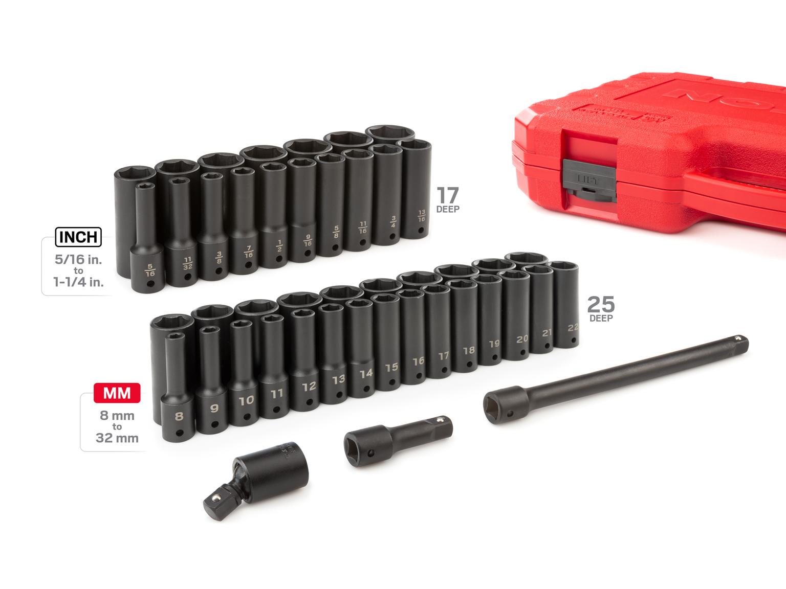 TEKTON SID92404-D 1/2 Inch Drive Deep 6-Point Impact Socket Set, 45-Piece (5/16 - 1-1/4 in., 8-32 mm)