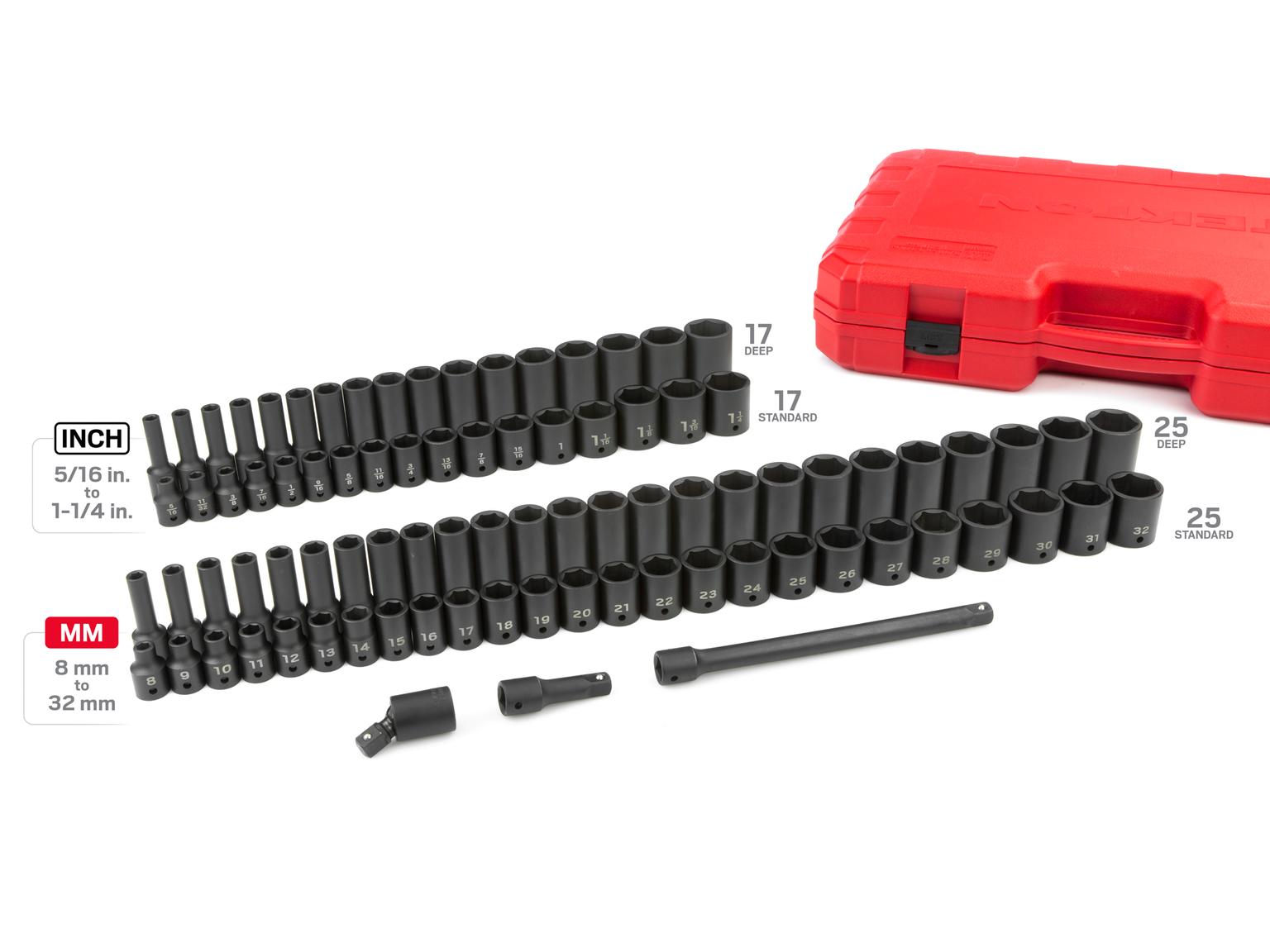 TEKTON SID92407-D 1/2 Inch Drive 6-Point Impact Socket Set, 87-Piece (5/16 - 1-1/4 in., 8-32 mm)