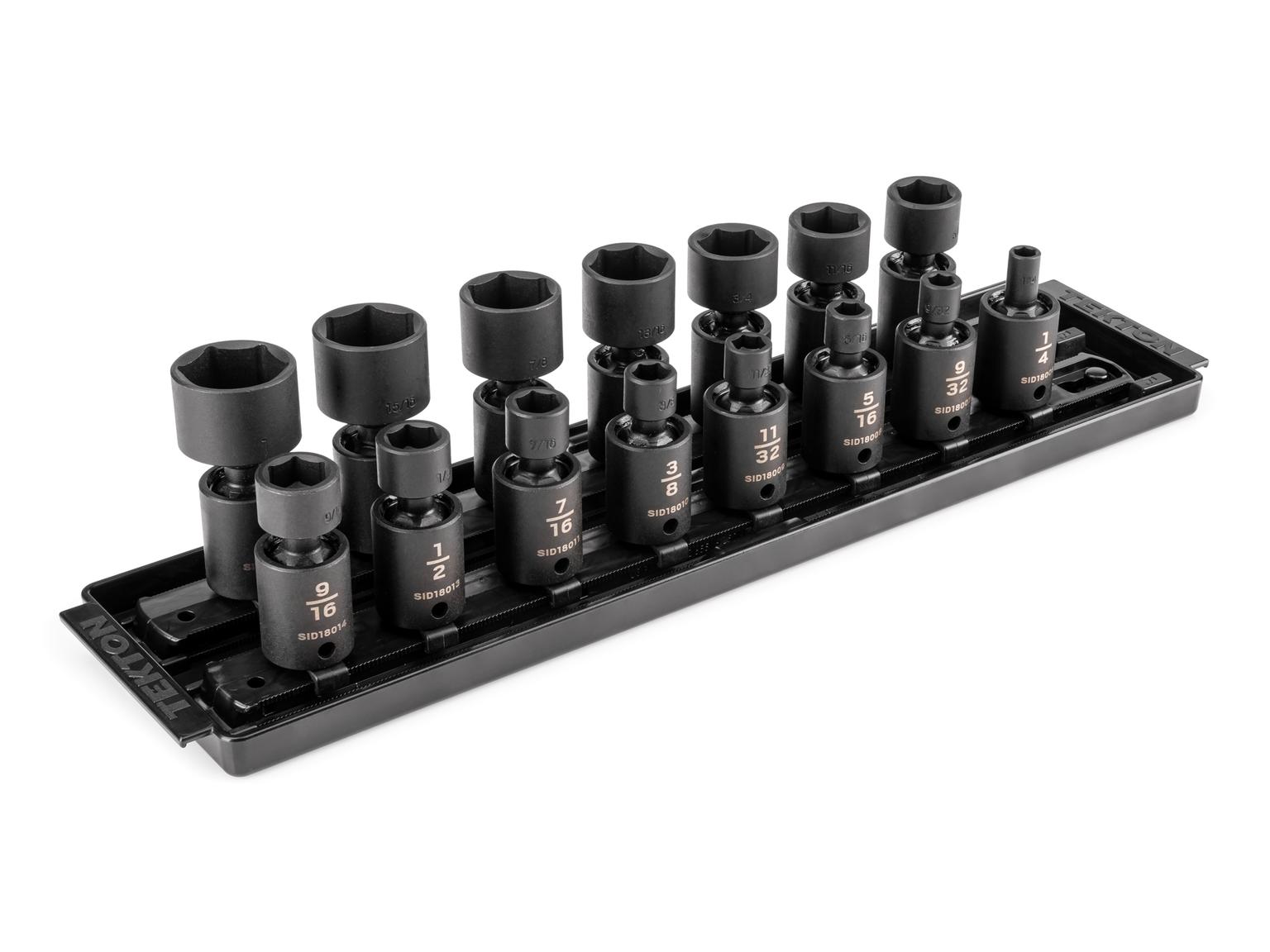3/8 Inch Drive 6-Point Universal Joint Impact Socket Set with Rails and Tray (15-Piece)
