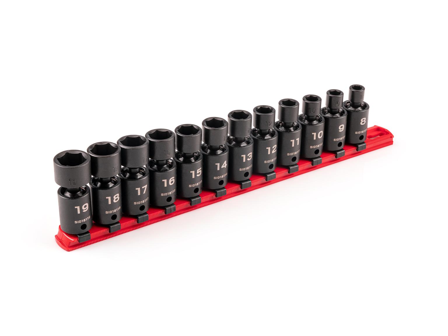 3/8 Inch Drive 6-Point Universal Joint Impact Socket Set with Rail (12-Piece)