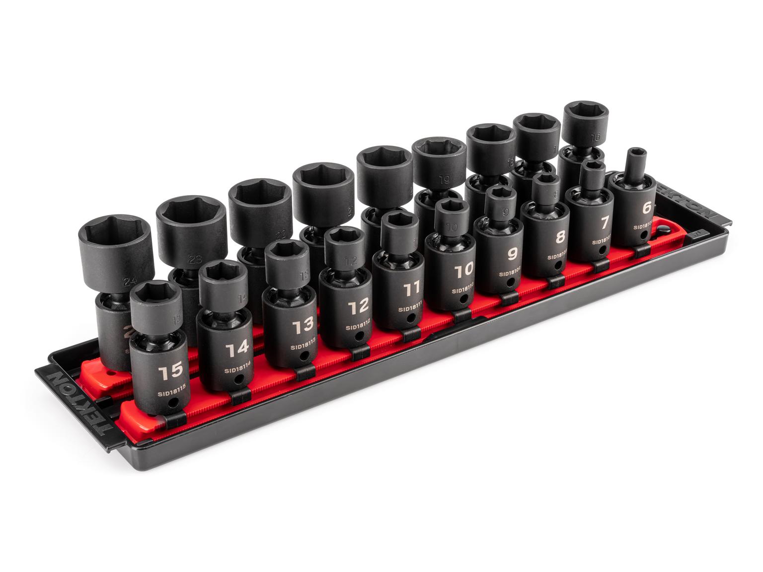 3/8 Inch Drive 6-Point Universal Joint Impact Socket Set with Rails and Tray (19-Piece)