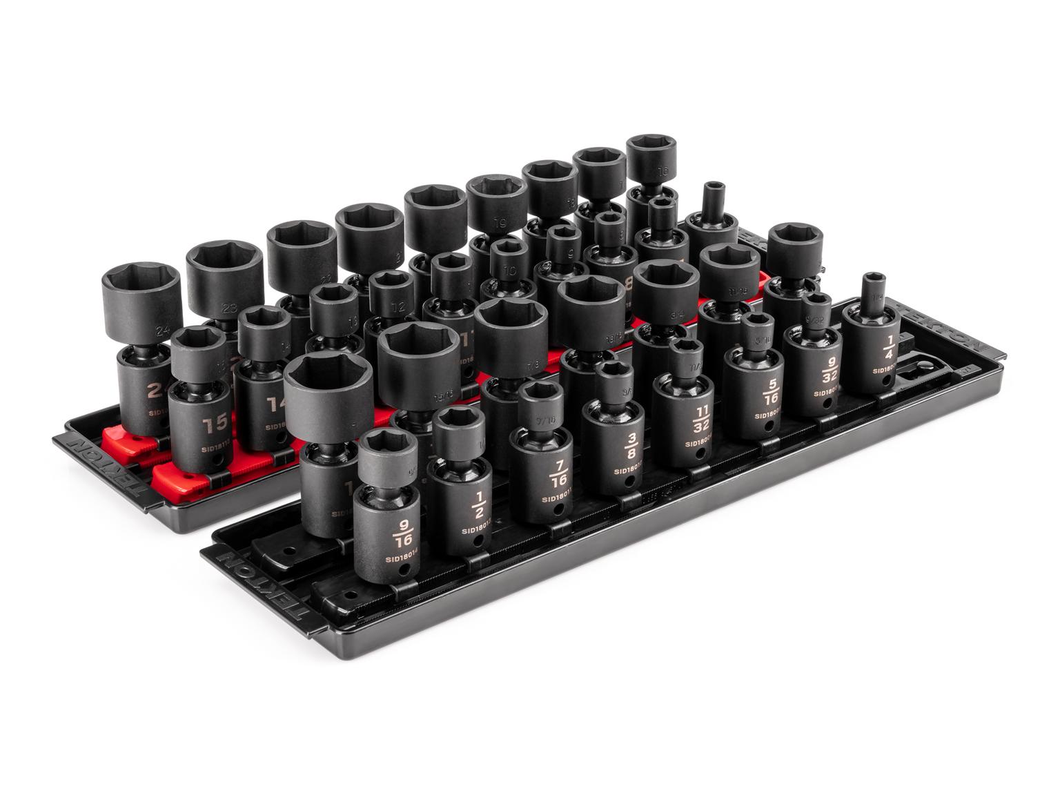 3/8 Inch Drive 6-Point Universal Joint Impact Socket Set with Rails and Trays (34-Piece)