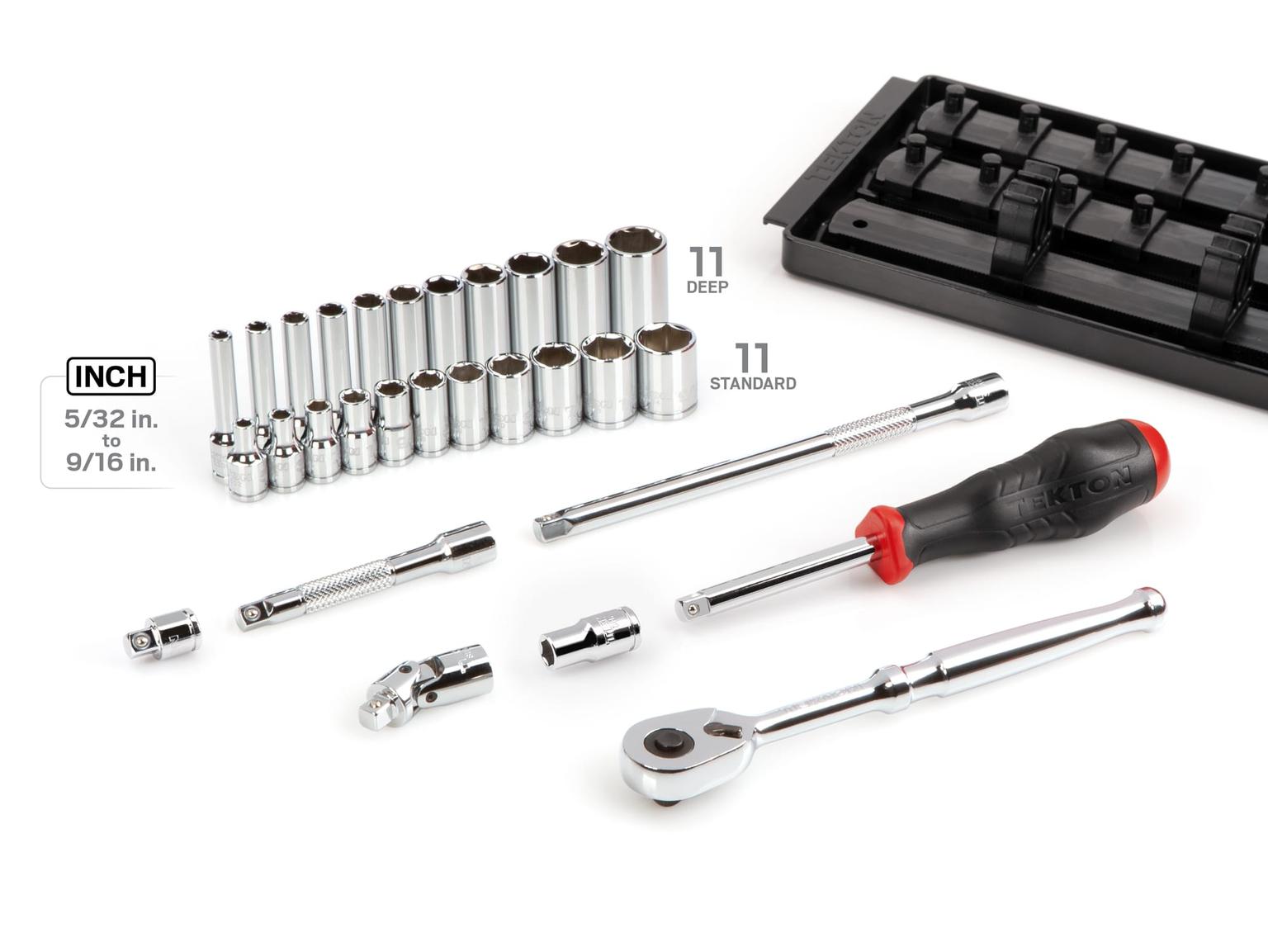 TEKTON SKT03101-T 1/4 Inch Drive 6-Point Socket and Ratchet Set with Rails, 29-Piece (5/32-9/16 in.)