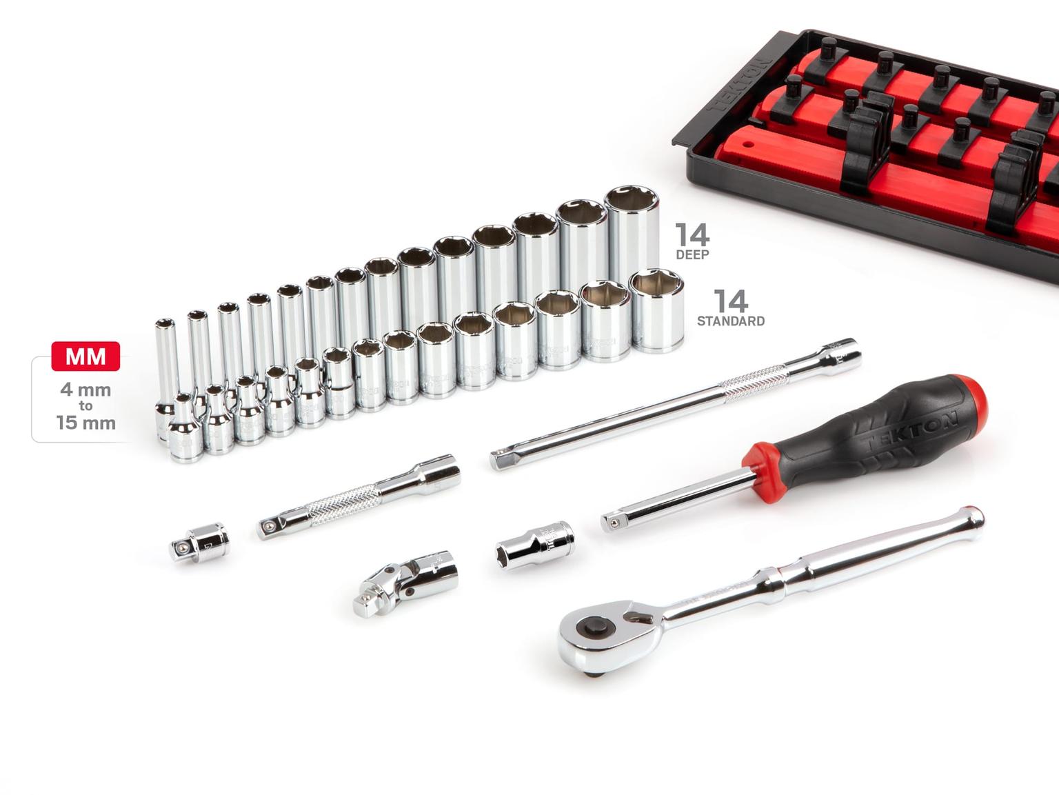 TEKTON SKT03201-T 1/4 Inch Drive 6-Point Socket and Ratchet Set with Rails, 35-Piece (4-15 mm)
