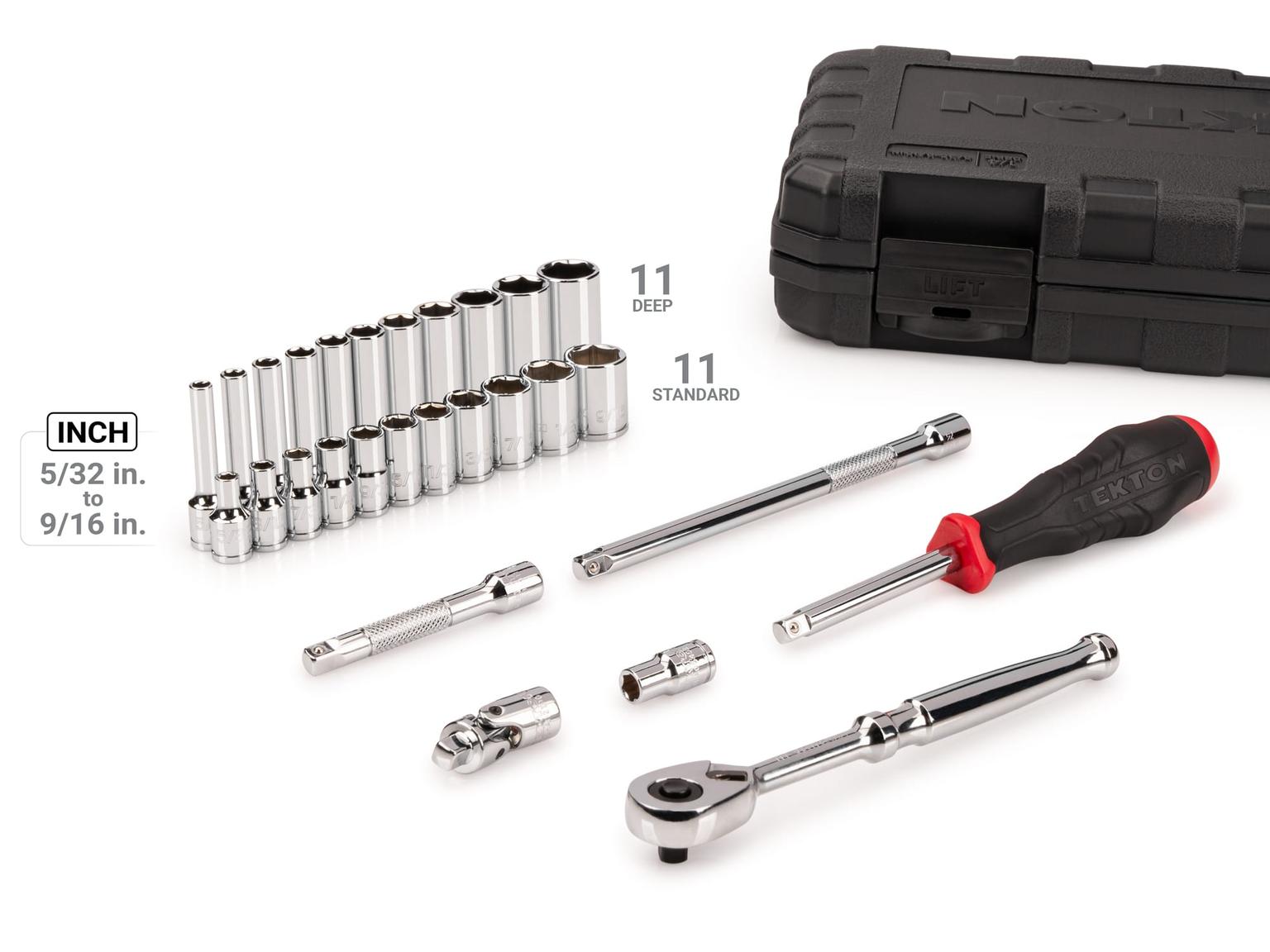 TEKTON SKT05102-D 1/4 Inch Drive 6-Point Socket and Ratchet Set, 28-Piece (5/32-9/16 in.)