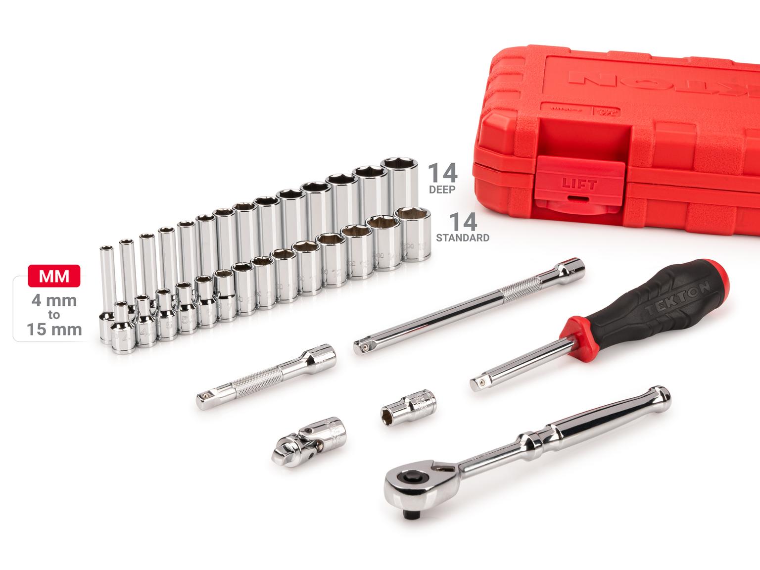 TEKTON SKT05202-D 1/4 Inch Drive 6-Point Socket and Ratchet Set, 34-Piece (4-15 mm)