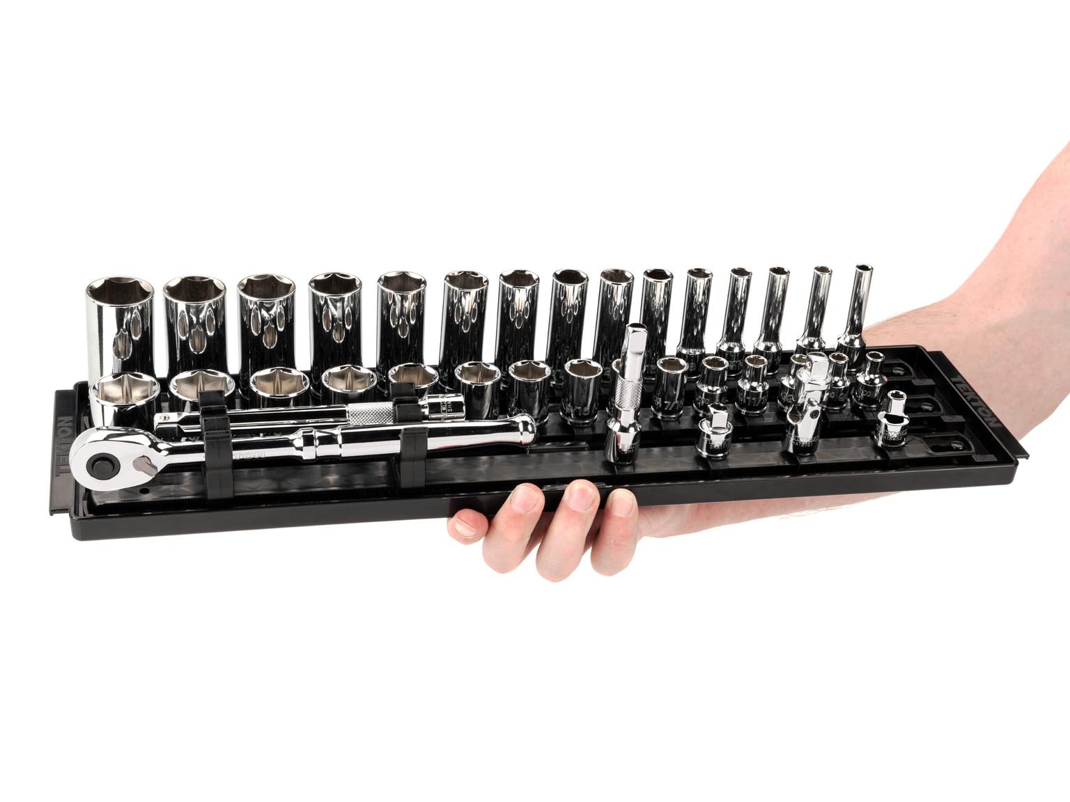 TEKTON SKT13101-T 3/8 Inch Drive 6-Point Socket and Ratchet Set with Rails, 36-Piece (1/4-1 in.)