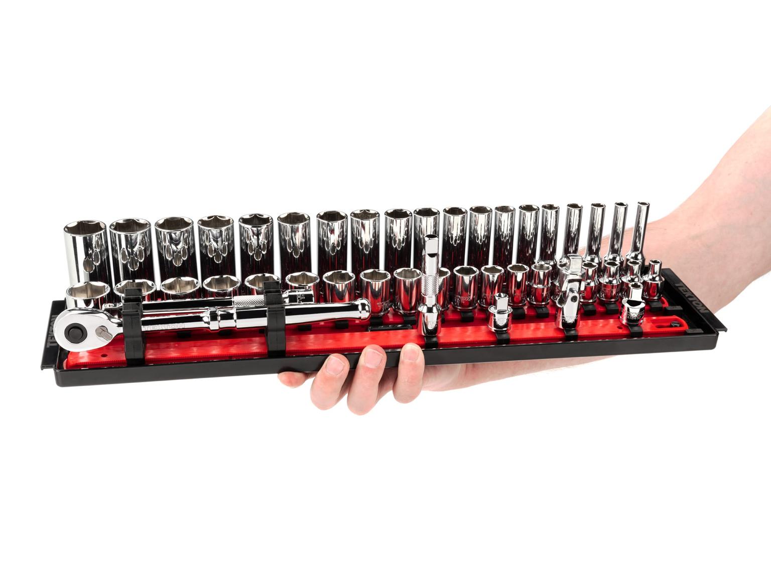 TEKTON SKT13201-T 3/8 Inch Drive 6-Point Socket and Ratchet Set with Rails, 44-Piece (6-24 mm)