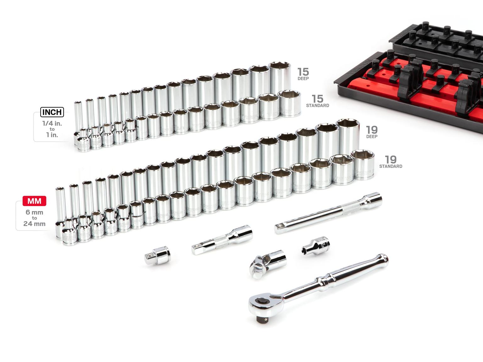 TEKTON SKT13301-T 3/8 Inch Drive 6-Point Socket and Ratchet Set with Rails, 74-Piece (1/4-1 in., 6-24 mm)