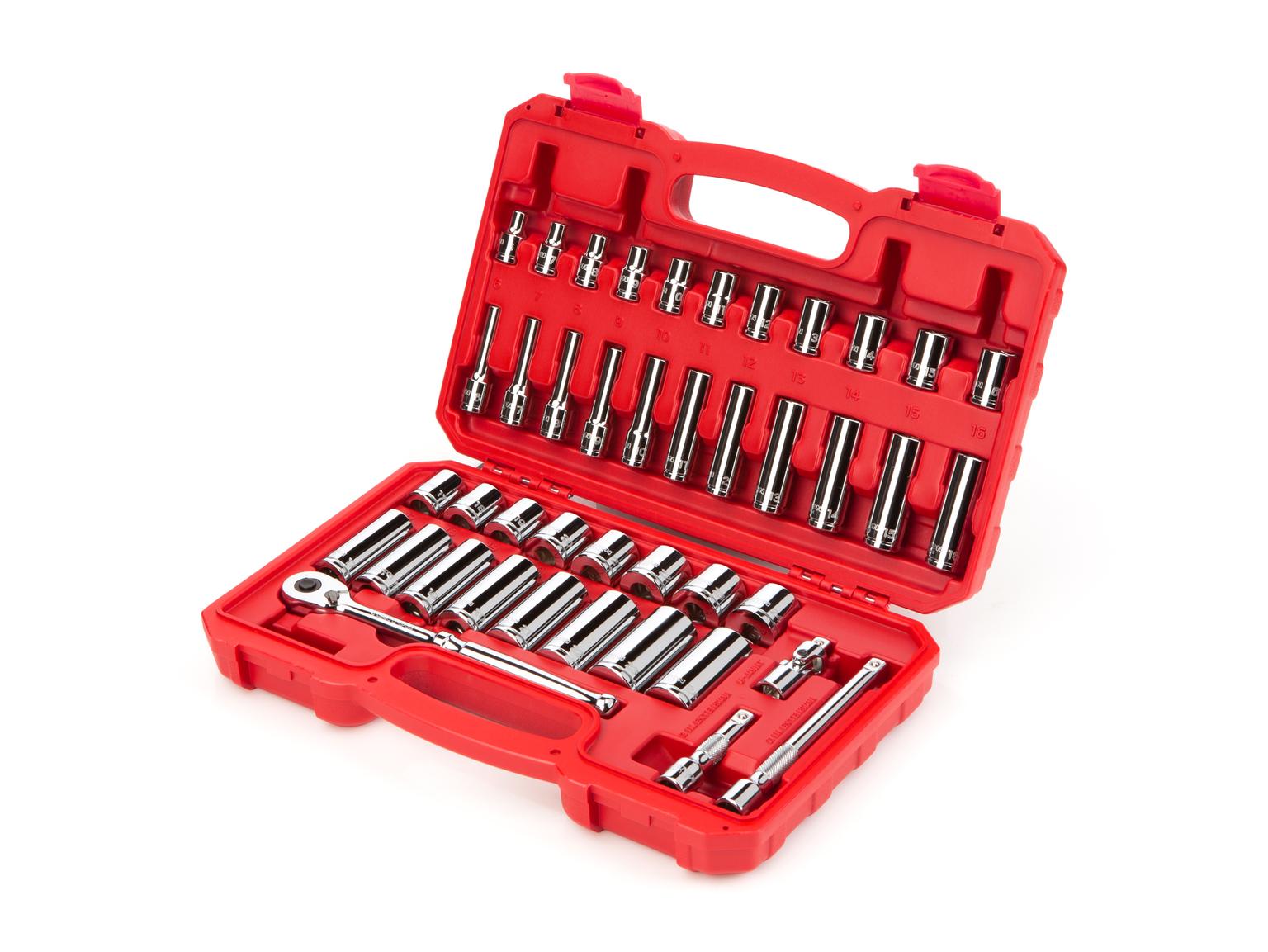 TEKTON SKT15201-D 3/8 Inch Drive 6-Point Socket and Ratchet Set, 42-Piece (6-24 mm)