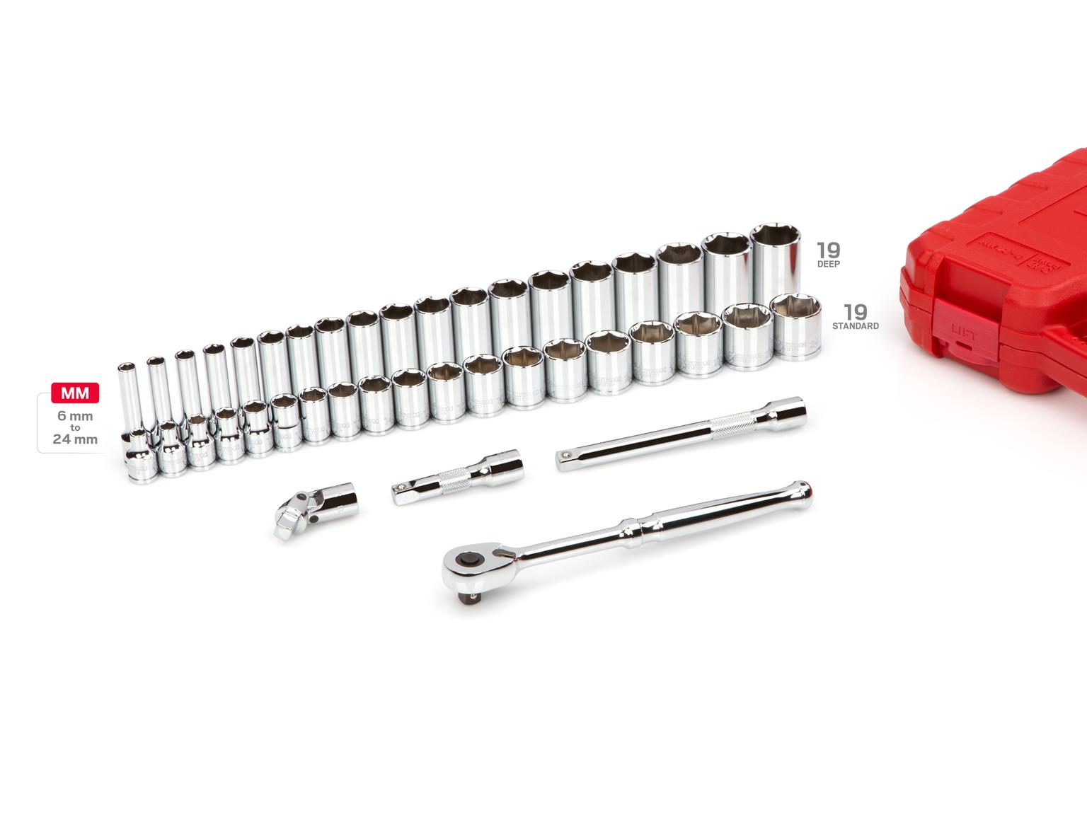 TEKTON SKT15201-D 3/8 Inch Drive 6-Point Socket and Ratchet Set, 42-Piece (6-24 mm)