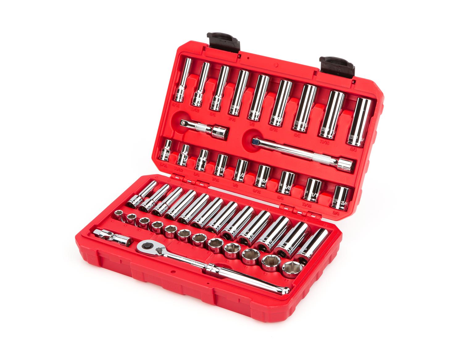 TEKTON SKT15301-D 3/8 Inch Drive 6-Point Socket and Ratchet Set, 46-Piece (5/16-3/4 in., 8-19 mm)