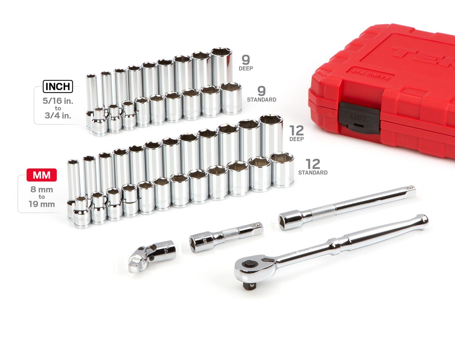 TEKTON SKT15301-D 3/8 Inch Drive 6-Point Socket and Ratchet Set, 46-Piece (5/16-3/4 in., 8-19 mm)