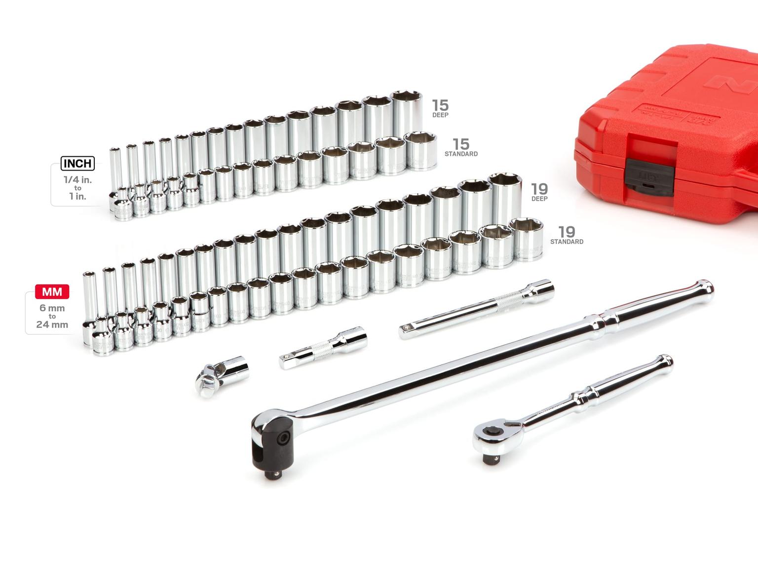 TEKTON SKT15311-D 3/8 Inch Drive 6-Point Socket and Ratchet Set, 73-Piece (1/4-1 in., 6-24 mm)