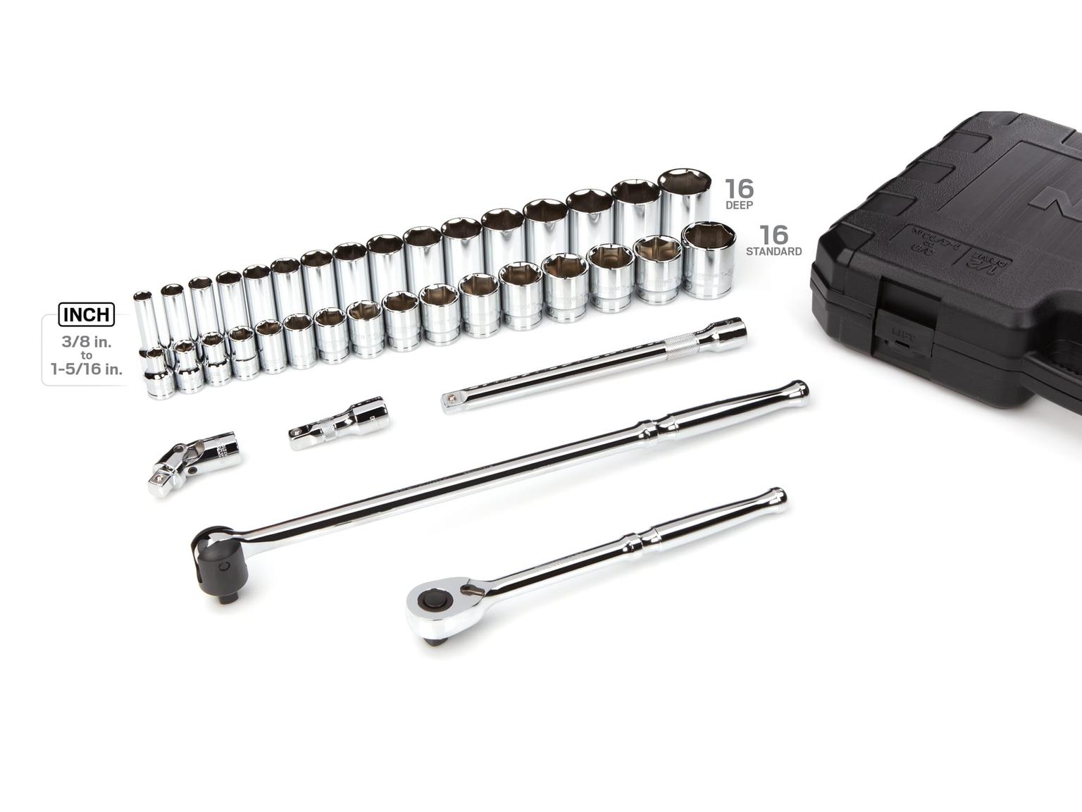 TEKTON SKT25101-D 1/2 Inch Drive 6-Point Socket and Ratchet Set, 37-Piece (3/8 - 1-5/16 in.)