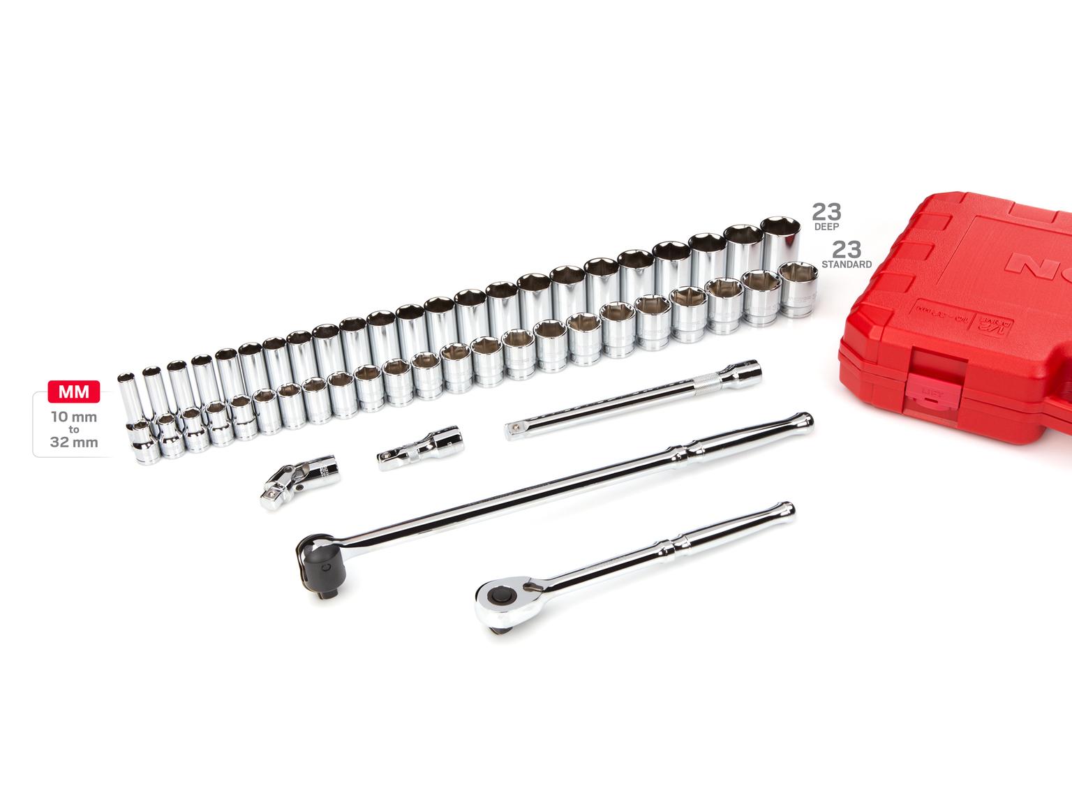 TEKTON SKT25201-D 1/2 Inch Drive 6-Point Socket and Ratchet Set, 51-Piece (10-32 mm)