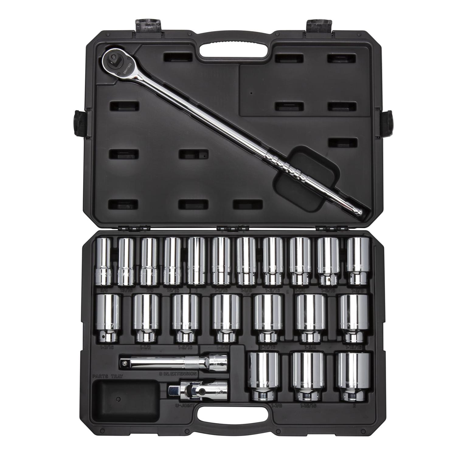 3/4 Inch Drive Deep 6-Point Socket and Ratchet Set with Case (24-Piece)
