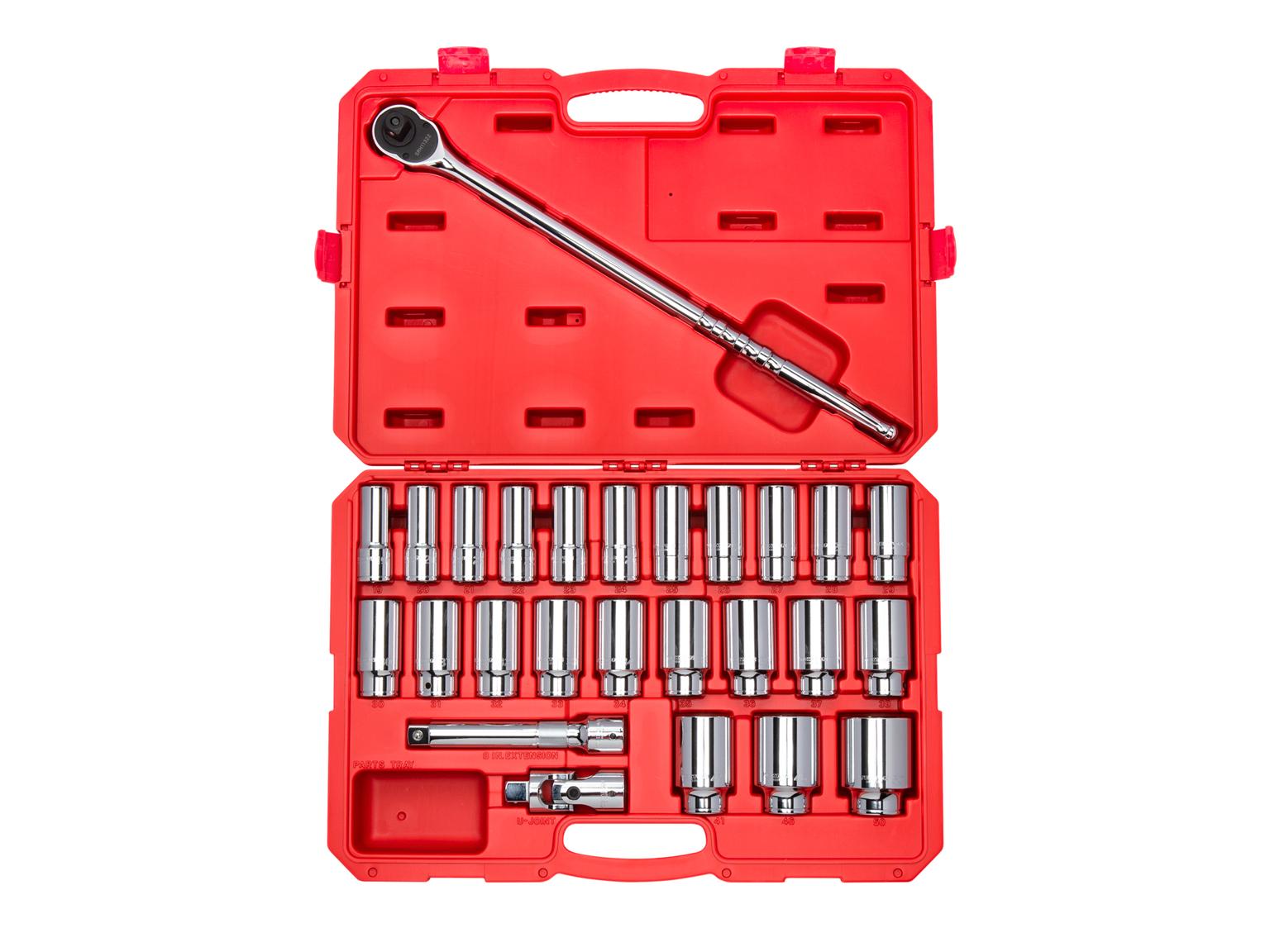 3/4 Inch Drive Deep 6-Point Socket and Ratchet Set with Case (26-Piece)